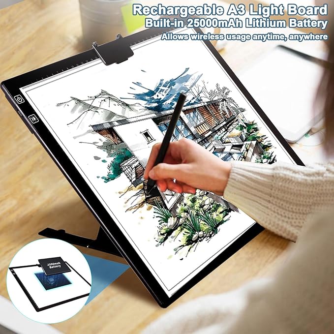 YINGWOND Wireless Rechargeable A3 LED Light Pad w/Built-in Foldable Stand, 3 Color Tone, 6 Levels of Brightness, Battery Powered Evenly Illuminated Light Box for Tracing Drawing and Diamond Painting