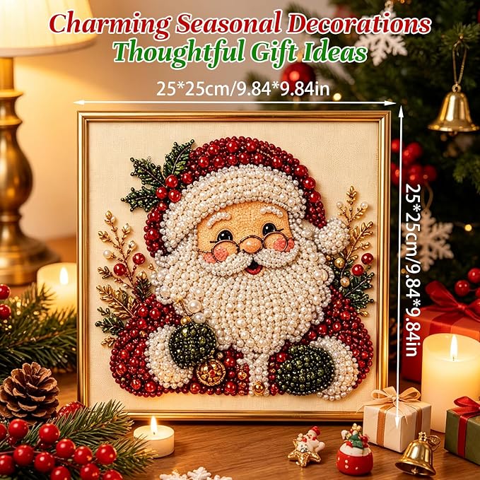 DIY Christmas Pearl Diamond Art Painting Art Kit with Frame, Cute 3D Christmas Pearl Beads Art Craft for Adults Beginner, Holiday Christmas Wall Decor, Healing Stress-Relieving