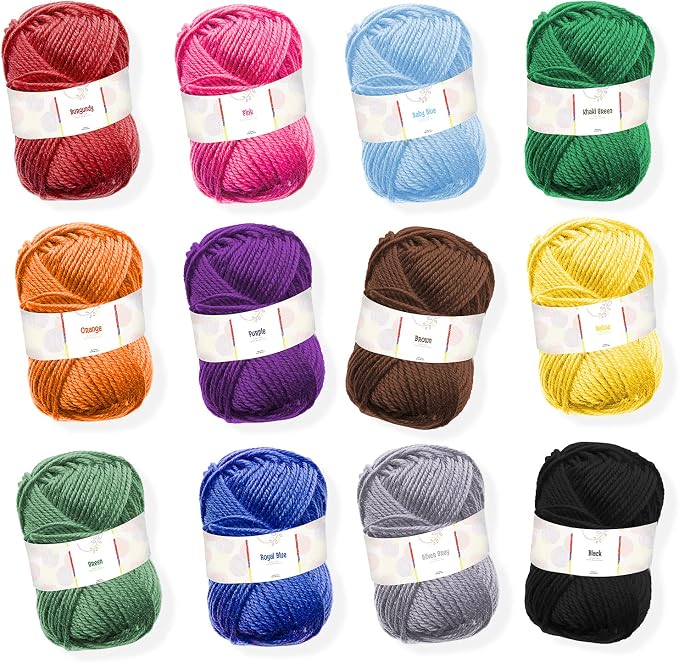 Hearth & Harbor Acrylic Yarn Skeins 12 x 50g - 1200 Yards - Yarn for Crocheting - Soft Yarn for Knitting and Crafts - Multicolored Crochet Craft Yarn for Adults and Kids - 12 Pack (VDS-HH-Yrn12)