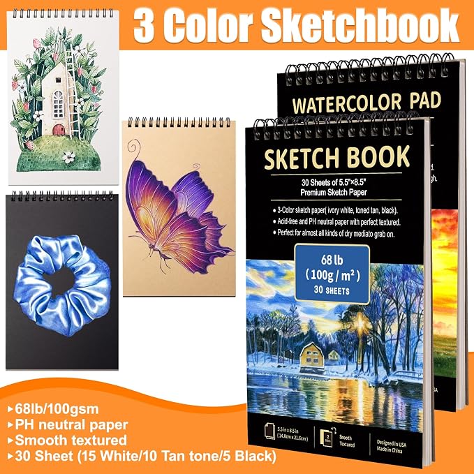 Drawdart Art Supplies Drawing Pencils Set - 76 Pack Pro Sketching Kit with Sketchbook & Watercolor Pad, Includes Graphite, Charcoal, Watercolor & Metallic Pencils for Kids, Teens, Adults