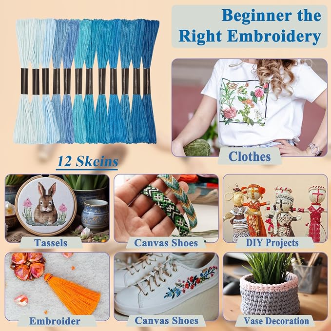 Amrules Friendship Bracelet String, 12 Pcs Embroidery Floss, Blue Series | Including 344.5" Cotton Cross Stitch Thread, Hand Embroidery Thread for DIY Sewing and Embroidery Crafts Making