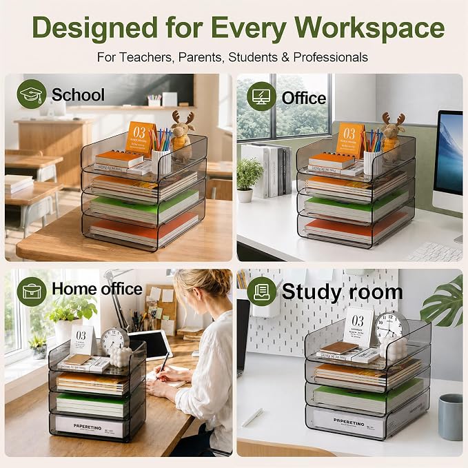 FANXIYQ 4-Tier Acrylic Paper Tray Organizer, Brown Office Paper Organizer