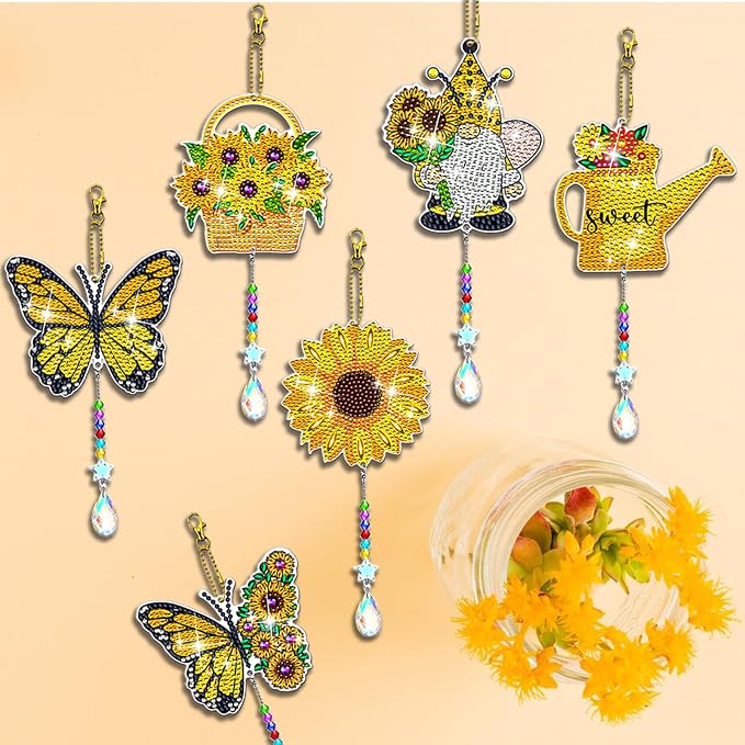 8 Pcs Gnomes Diamond Art Suncatchers Double Sided Diamond Painting Suncatcher Sunflower Diamond Painting Wind Chime Kits 5D DIY Diamond Art Kits for Adults Hanging Ornaments