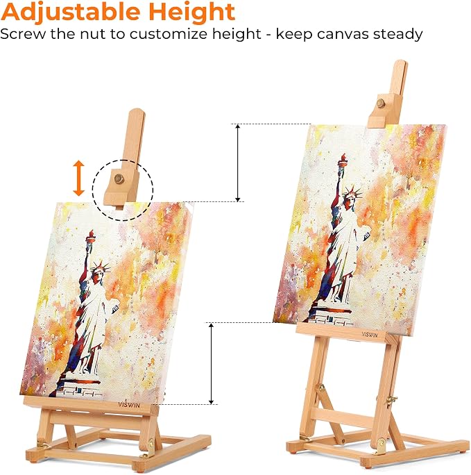 VISWIN 25" H-Frame Tabletop Easel for Painting, Adjustable Beech Wood Table Top Easel, Portable Art Easel for Adults, Artists, Beginners, Holds Canvas up to 15" – Natural (Pack of 2)