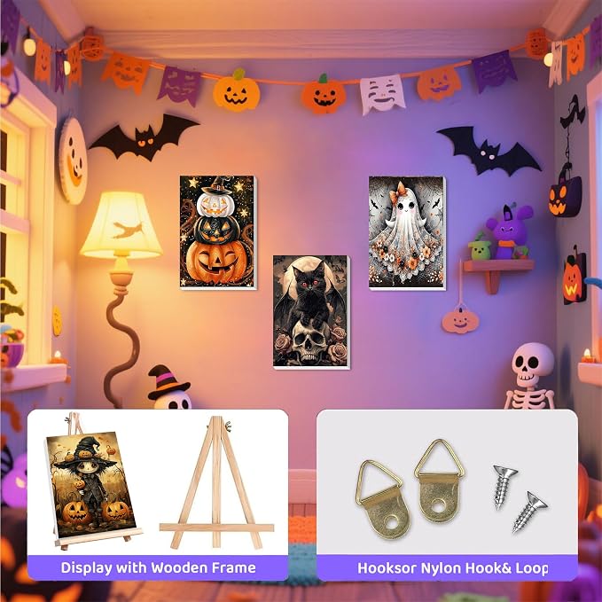 Paint by Numbers for Adults Halloween with Framed Canvas - Wooden Easel | 4 Pack Halloween Paint by Number on Canvas, DIY Acrylic Oil Painting Kits with Brushes for Home Wall Decor (8x12 inch)