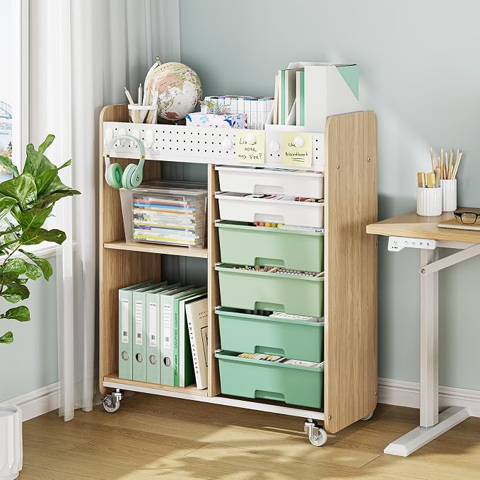 Rolling Craft Cart with 6 Drawers, Pegboard and Locking Wheels Green