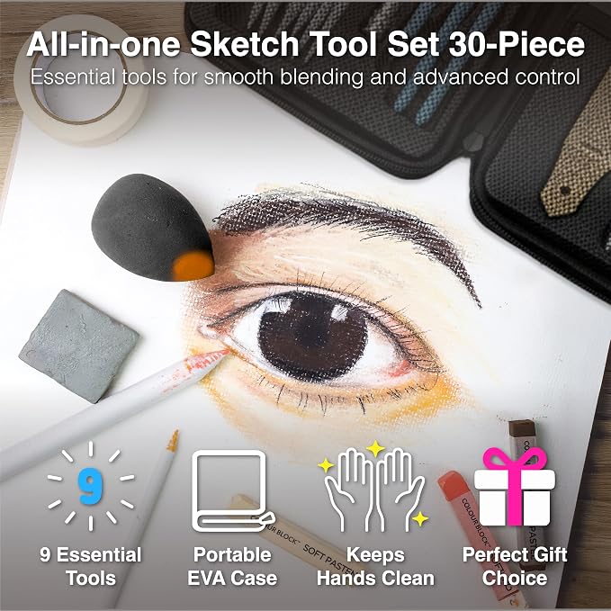 COLOUR BLOCK 30pcs Sketching Tool Set with Soft Pastels Drawing Art Blenders, Blending Stumps, Tortillions, Sandpaper, Sketch Pencil Extender, Rubber Pens