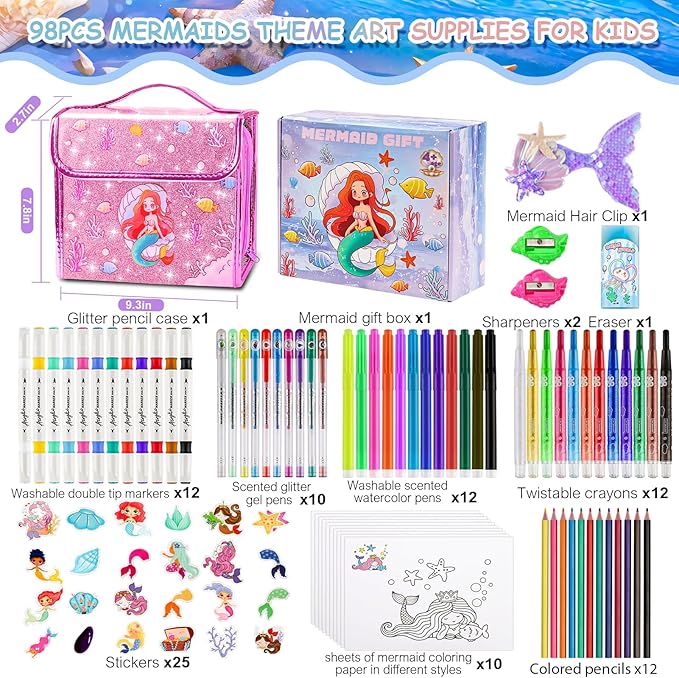 98Pcs Washable Scented Marker Set, Mermaid Pencil Case & Stationery Art and Craft for Kids Coloring Set Birthday Gift Include Markers, Glitter Pens, Crayons Drawing Kits for Girls 4 5 6 7 8 9 10 11 12