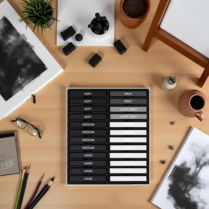 24 Pcs Compressed Charcoal Sticks with Soft, Medium, Hard and White Charcoal, Square Charcoal Stick Kit for Drawing, Sketching and Shading (12 Black + 4 Gray + 8 White)