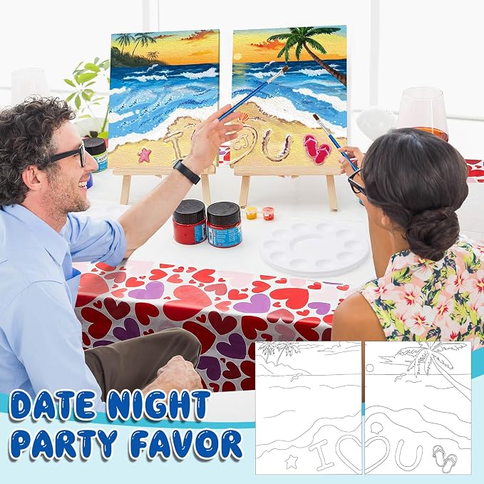 Yeaqee 13 Pcs Sip and Paint Kit for Adults Stretch Canvas Date Night Valentines Painting Kit Supplies Art Painting Set Outline Design Blank Stretch Canvas for Couple Party(Beach,10 x 8 Inch)