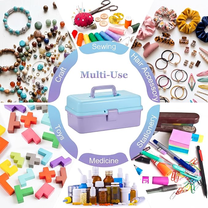 BTSKY 3-Layer Plastic Dividing Storage Box Craft Organizer and Storage | Portable Handled Art Supply Organizer with Adjustable Spacers Multipurpose Home Utility Box for Medicine Sewing(Blue+Purple)