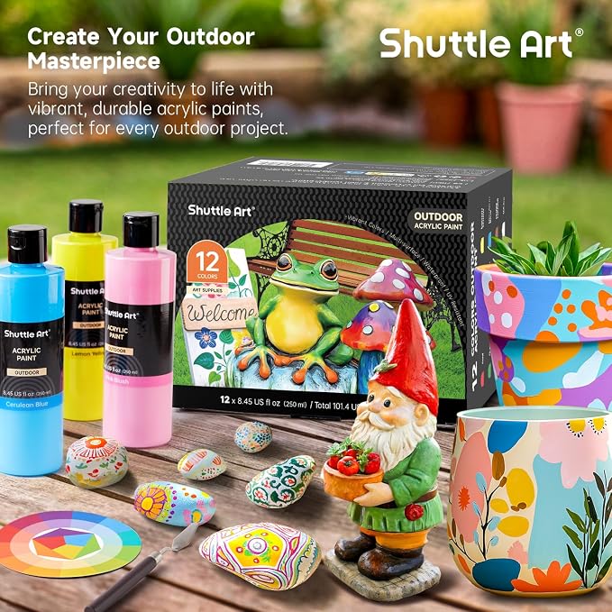 Shuttle Art Outdoor Acrylic Paint Set, 12 Colors Waterproof Paint, 8.45oz/250ml Large Bottles, Rich Pigmented Bulk Painting Supplies for Artists, Beginners on Rocks, Wood, Wall, Crafts, Garden Statues | Highly pigmented, non-toxic acrylic paints in bot...