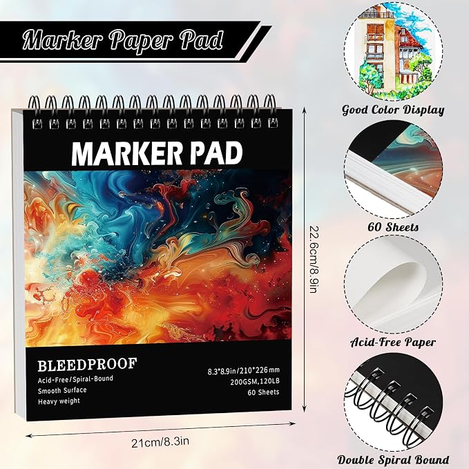 120lb/200gsm Marker Paper Pad 8.3 × 8.9 in, 60 Sheets, Spiral Bound