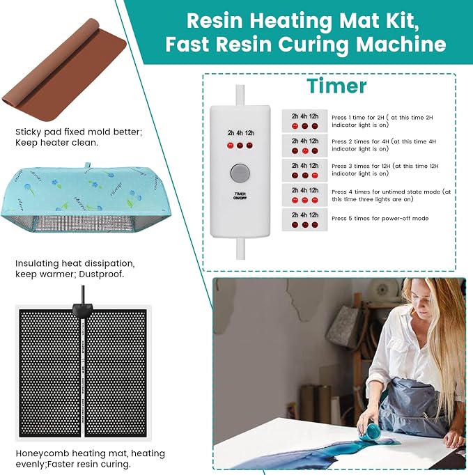Epoxy Heating Mat with Cover Timer, Heat Pad for Resin Molds, Fast Curing Drying Warming Machine
