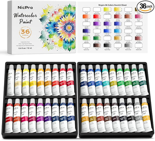 Nicpro Watercolor Paint Set for Adults, 36 Colors Watercolor Paint Tube | 12ml/0.4oz Tube, High Pigment Travel Water Color Painting Supplies for Artists Beginners, Color Wheel & Swatch Cards Included