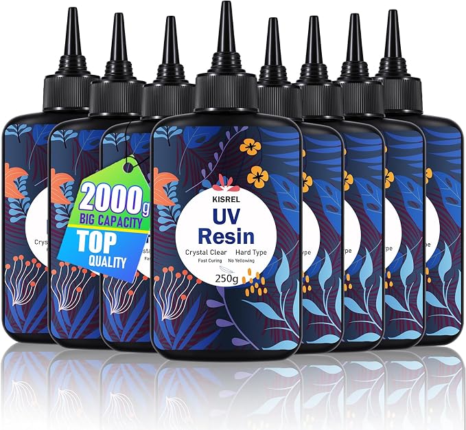 KISREL UV Resin 2000g，8 x 250g UV Resin Kit, Hard Type Crystal Clear Ultraviolet Curing UV Epoxy Resin for Craft Jewelry Making