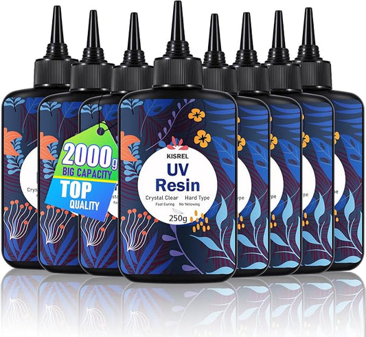 KISREL UV Resin 2000g，8 x 250g UV Resin Kit, Hard Type Crystal Clear Ultraviolet Curing UV Epoxy Resin for Craft Jewelry Making