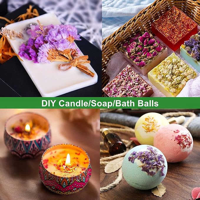 9 Bags Set Dried Flowers - Candle Making Soap Making DIY Candel Natural Flowers-,Lily,Don't Forget Me,Lavender,Mint Leaf,Rose Petal, Red Rose,Globe Amaranth,Chrysanthemum.