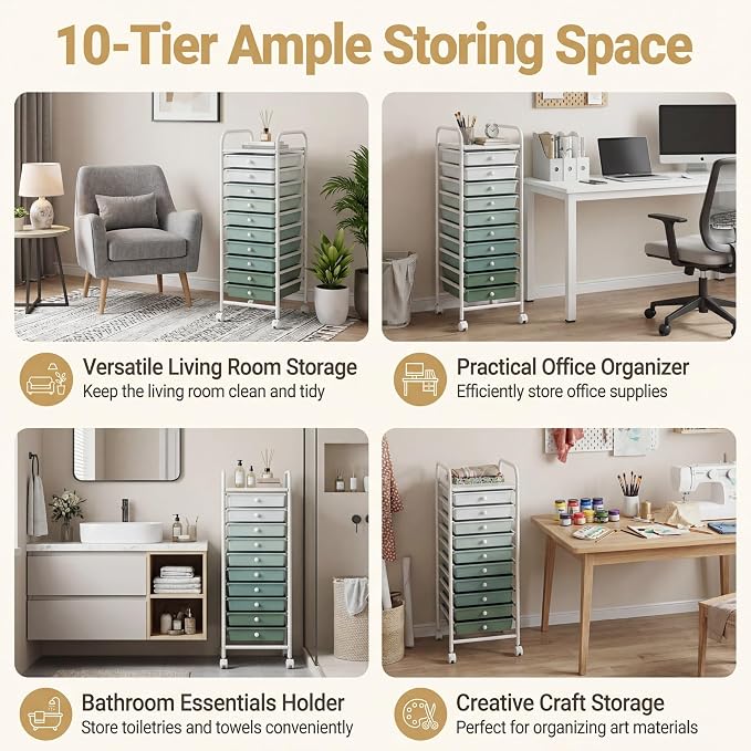 COSTWAY 10-Drawer Rolling Storage Cart, Utility Mobile Trolley