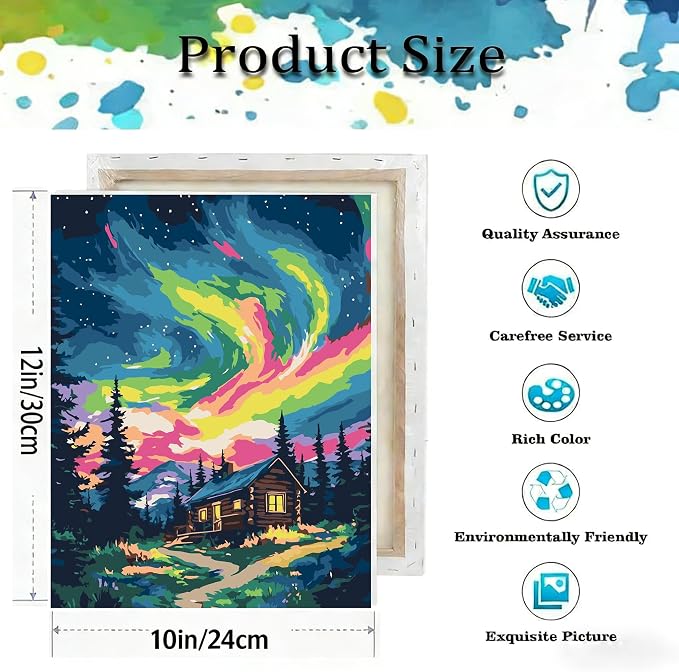 Aurora Paint by Numbers Kit for Adults Beginner,Wooden House Adult Paint by Number Kits on Canvas with Frame,Night Sky DIY Acrylic Oil Painting by Numbers Kits for Home Wall Decor 9.5x11.8 inch