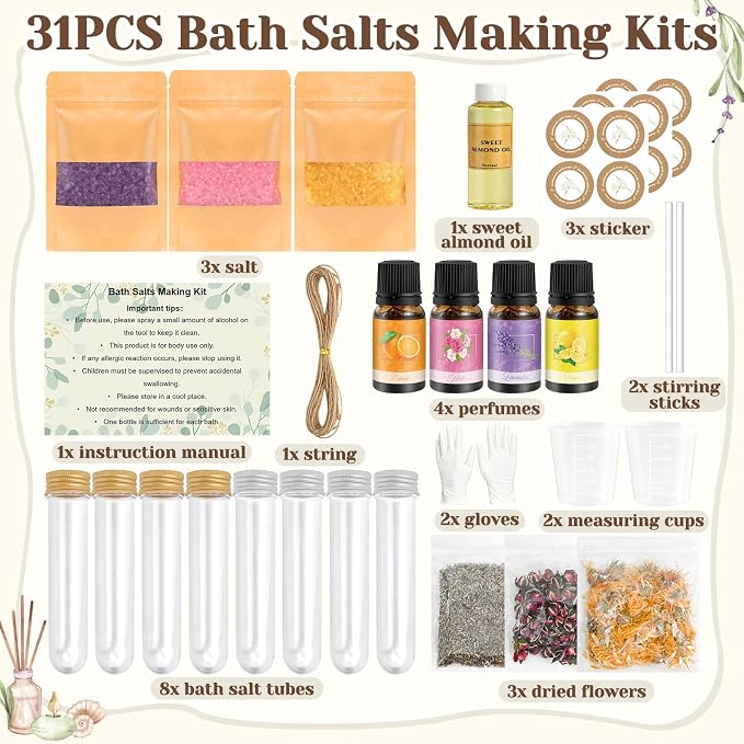 JUYRLE Bath Salts Making Kit- 31PCS DIY Bath Salts Making Kit, Make Your Own Sea Bath Salt, Relaxation Gifts for Women, Lavender, Rose, Body Care Spa Set, Organic Salt Scrubs Gifts for Women & Men