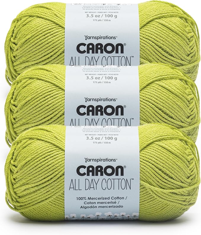 Caron All Day Cotton Yarn for Crocheting, Kiwi, 3-Pack | #4 Worsted Yarn, 100% Mercerized Cotton, Soft Crochet Yarn for Knitting, Amigurumi & Crafts, 173yds, 100g/3.5oz per skein