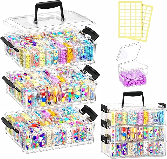 3-Tier Large Capacity Stackable Bead Organizer Box 90 Pcs, Portable Plastic Craft Storage Containers for Jewelry Making, Bracelets, DIY, Nail Art Charms