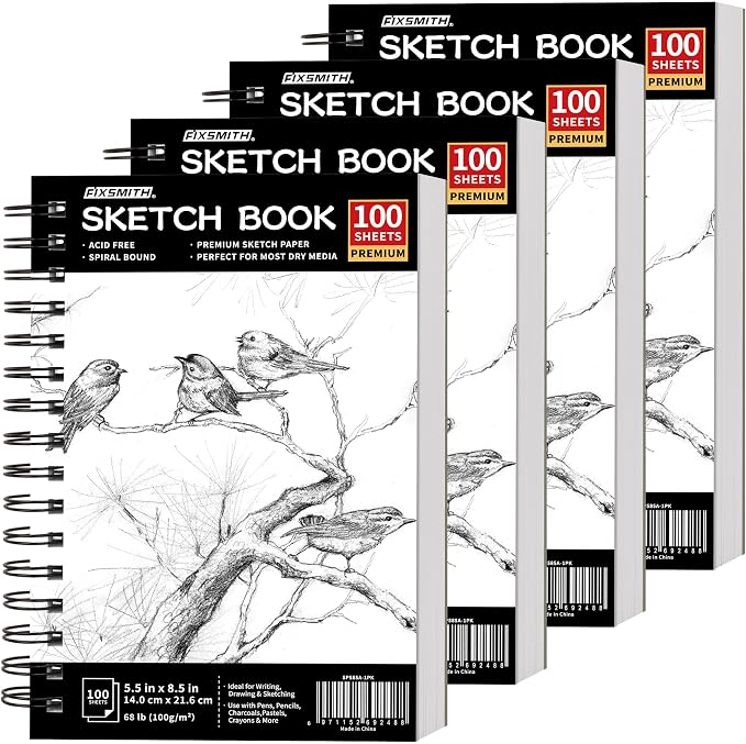 FIXSMITH 5.5"X8.5" Sketch Book, 400 Sheets (68 lb/100gsm) Sketchbook | Acid Free Drawing Paper | Spiral Bound Artist Sketch Pad | for Kids, Beginners, Artists & Professionals | Bright White