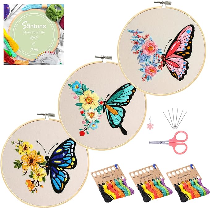 Santune 3 Pack Embroidery Kit for Beginners Adults Cross Stitch Kits with Butterfly Patterns and Instructions,DIY Hand Crafts with 1 Hoop,Threads and 6 Needles