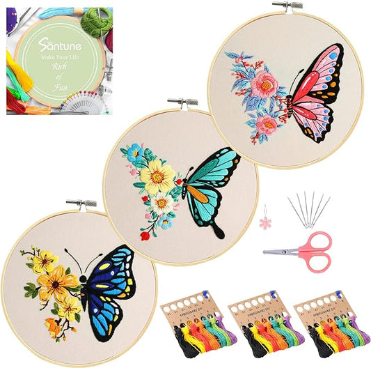 Santune 3 Pack Embroidery Kit for Beginners Adults Cross Stitch Kits with Butterfly Patterns and Instructions,DIY Hand Crafts with 1 Hoop,Threads and 6 Needles