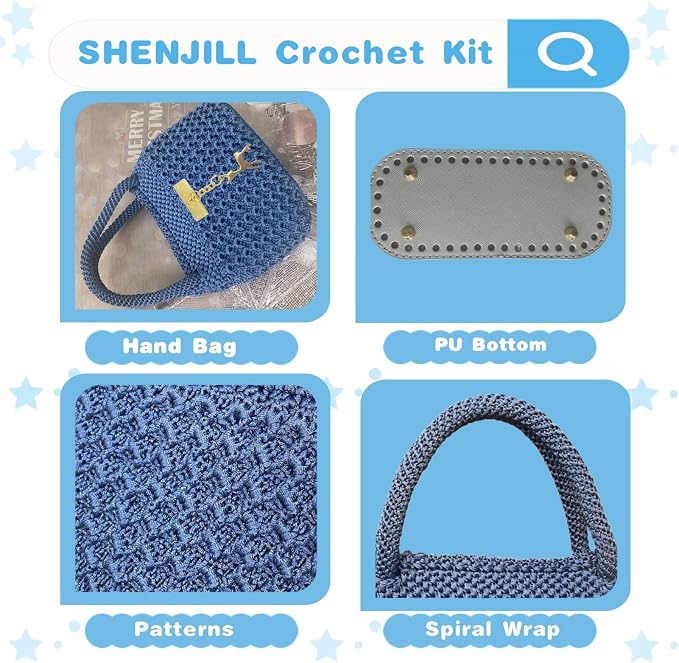 SHENJILL Phoenix Tail Bag Crochet Kit for Beginners Hand Bag Crochet Kit with Step-by-Step Videos and Written Instruction Crocheting Kits for Adults Easy Starter Yarn for Crocheting (Jeans Blue)