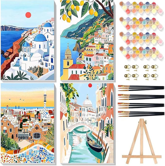4 Pcs Cityscape Paint by Numbers for Adult with Frame Canvas - Wooden Easel | Scenery-Cityscape Paint by Number on Canvas, Landscape Acrylic Oil Painting Kits with Brushes for Home Wall Decor (8x12 inch)