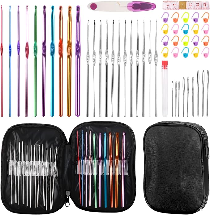 MECHEER Crochet Needles Set, 54 Pack Crochet Hooks Set Crochet Kits for Beginners, Ergonomic Crochet Beginner Kit with Storage Case, Knitting Needles, Hand Craft Knitting Accessories for Crocheters