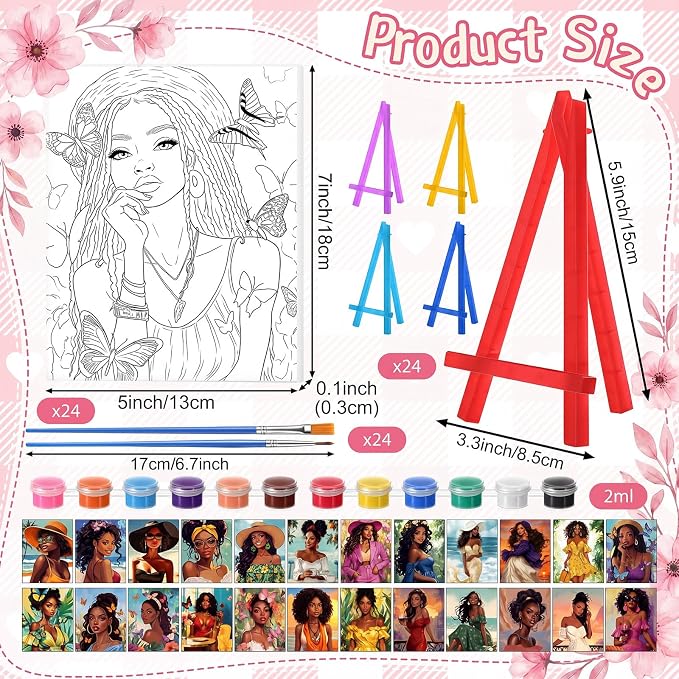 Blosssound 24 Pack Paint and Sip Kit African American Women Pre Drawn Canvas 5x7'' Afro Pre Printed Canvas Painting Kits with Easel Paint Pots Brushes Stretched Panels Gift Bulk for Party Birthday DIY