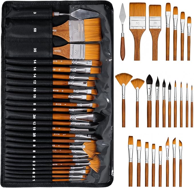 DJAR 25 Pcs Multi-Shape Nylon Paint Brush Set with Cloth Roll Bag