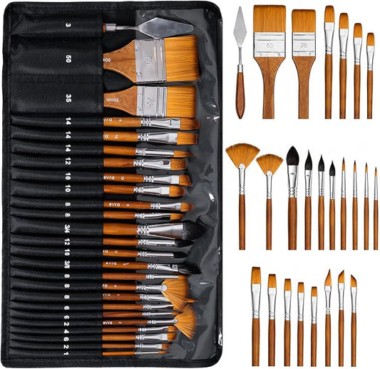 DJAR 25 Pcs Multi-Shape Nylon Paint Brush Set with Cloth Roll Bag