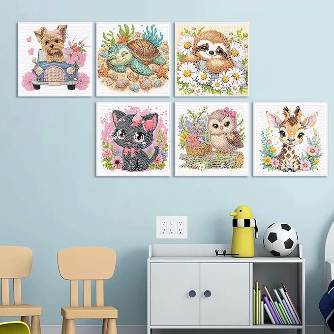 ajepon 6 Pack Animal Diamond Art Kits for Kids, Cute Animals Diamond Art for Kids Ages 8-12, Cat Dog Turtle Sloth Giraffe Owl Diamond Painting Kits for Kid for Gift Home Wall Decor (6x6inch)