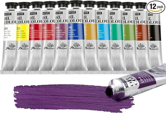 PHOENIX Professional Oil Paint Set - 12 Vibrant Colors x 1.35 oz / 40ml Tubes – Bright, Versatile Palette for Hobbyists, Artists & Creative Projects