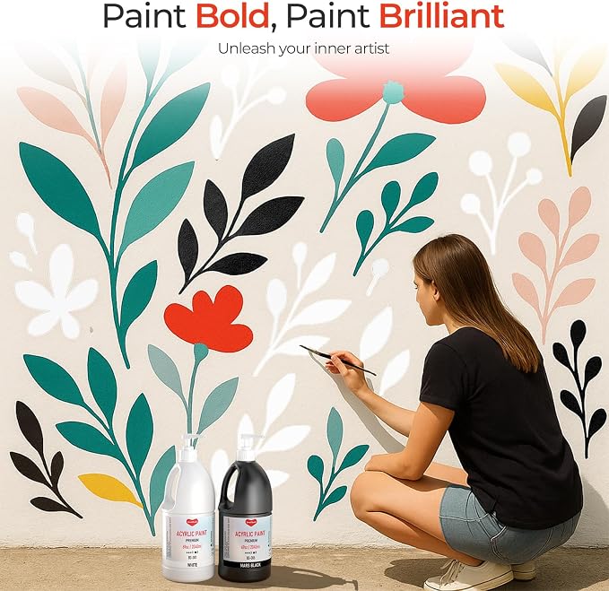 Smallbudi White and Black Acrylic Paint 69oz/2040ml Large Bottle with Pump