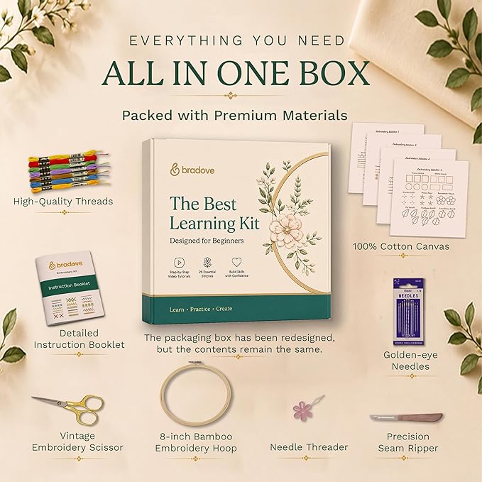 Bradove Classic Embroidery Learning Kit for Adults and Kids | Hand Embroidery Kit for Beginners with Patterns, Beginner Embroidery Kit for Adults, Stitches Practice, Learn to Embroider