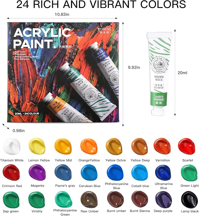 rubens Artist Grade Heavy Body Acrylic Paint, 24 Colors Vivid Acrylic Paint Set (20ml, 0.68 oz Tubes), High Pigment Art Supplies for Canvas, Wood, Rock Crafts, Painting Supplies for Professionals, Beginners