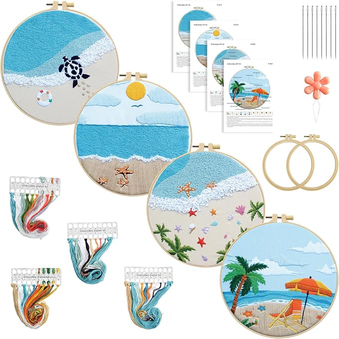 4 Set Ocean Embroidery Kit for Beginners Adults Embroidery Starter Kit Ocean Beach Pattern Spring Summer Hand Crewel Embroidery Kit Cross Stitch Kit Include Instruction 2 Hoops Color Threads Needles