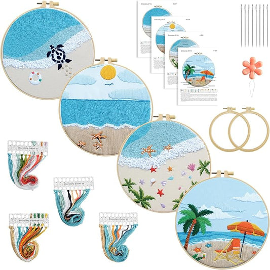 4 Set Ocean Embroidery Kit for Beginners Adults Embroidery Starter Kit Ocean Beach Pattern Spring Summer Hand Crewel Embroidery Kit Cross Stitch Kit Include Instruction 2 Hoops Color Threads Needles