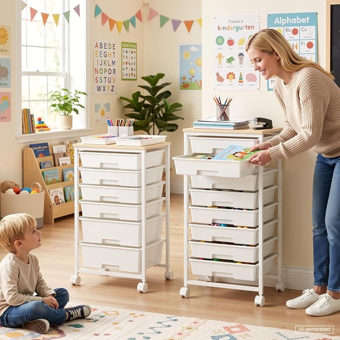 Delamu Rolling Storage Cart with 6 Drawers, Utility Craft Storage Cart | Storage Drawers Cart with Wooden Tabletop and Lockable Casters for Classroom Office Dorm Craft Art Supplie, White