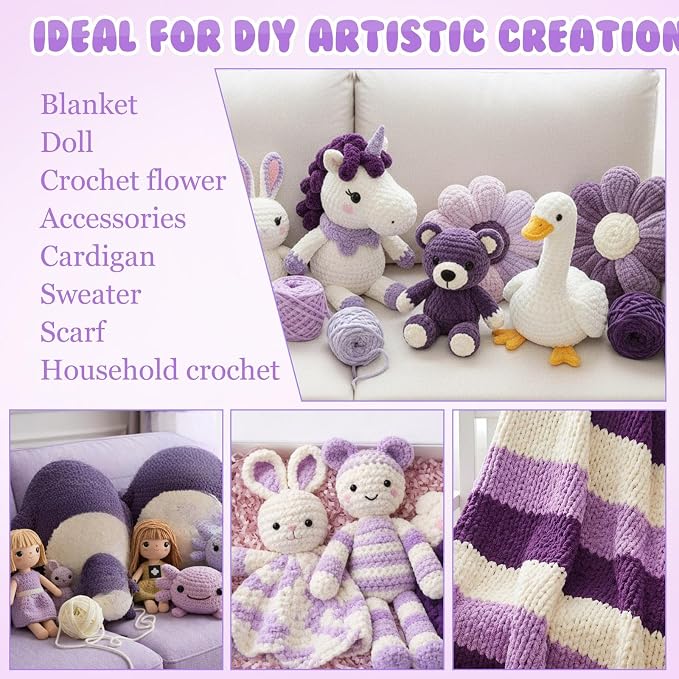 Buryeah 8 Pack Chunky Chenille Yarn for Crocheting, Purple Series
