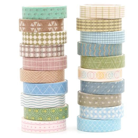 20 Rolls Basic Washi Tape Set Japanese Arts Adhesive Tapes Simple Patterns Decorative Masking Tape Sets for Craft, Kids, Scrapbook, DIY, Gift Wrapping (Style Four)