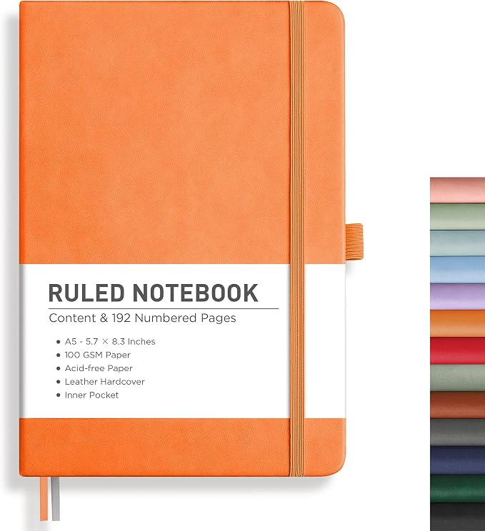 RETTACY Lined Journal Notebook, 192 Numbered Pages, A5 Size (5.7'' x 8.3'') | Leather Hardcover, 100 GSM Thick Paper, for Men & Women, Journaling, Writing, Work & Office (Orange)