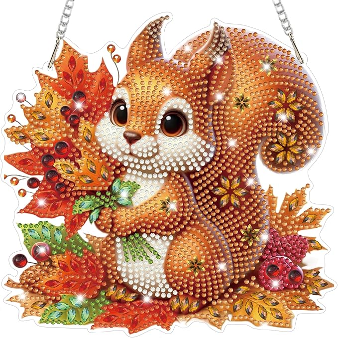 Bowetile Fall Squirrel Diamond Art Hanging Kits for Adults, Diamond Art Suncatchers Maple Leaf, 5D Special Shape Autumn Diamond Painting Pendant Window Ornament Gifts for Home Door Wall Decor
