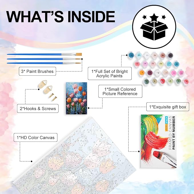 Flowers Framed Paint by Numbers Kit for Adults Beginner & Kids Ages 8-12 | With Frame Canvas 8x 12 inch, DIY Acrylic Painting by Numbers Colorful Flower, Stress Relief Craft Kits, Home Wall Decor Gift