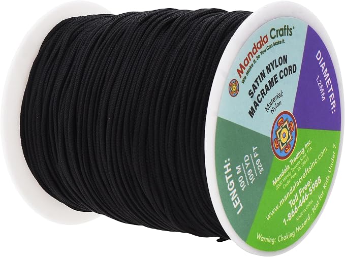 Mandala Crafts 1.2mm Black Rattail Nylon Satin Cord for Jewelry Making